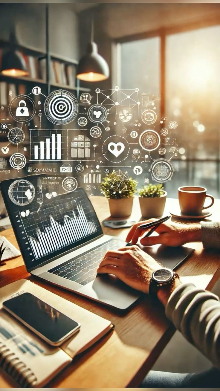 Analista trabajando con gráficos y estrategia sobre un portátil