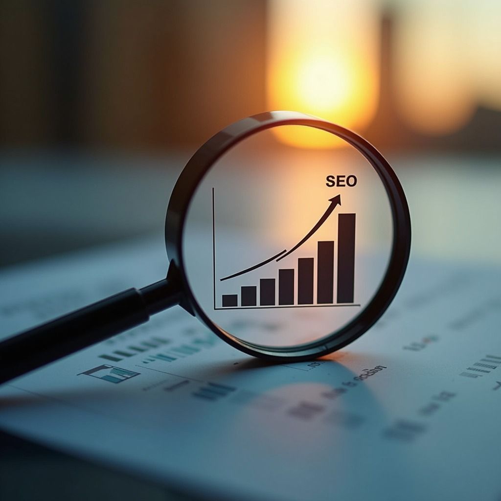 Gráfico de crecimiento ascendente bajo una lupa con etiqueta SEO