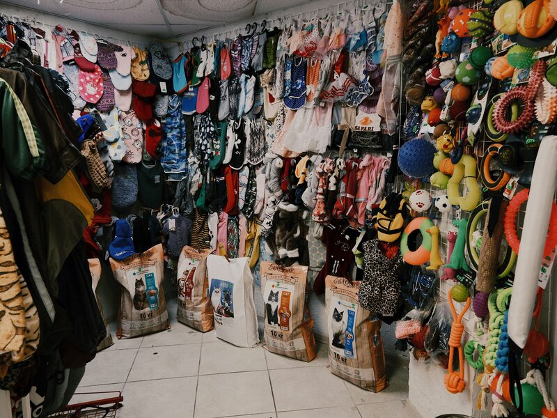 Pared de ropa y accesorios para mascotas